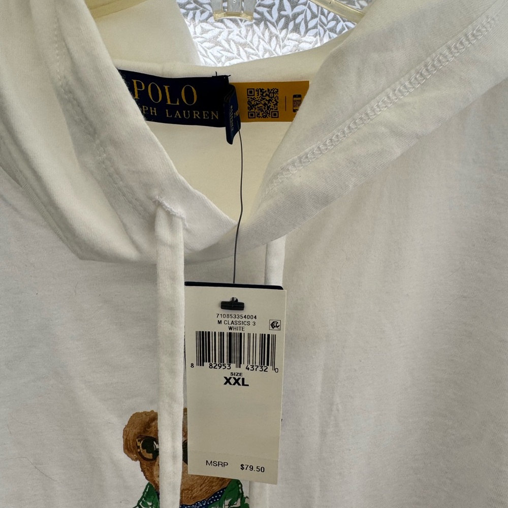 NWT Polo by Ralph Lauren XXL White Hoodie with Bear Design - Picture 2 of 3